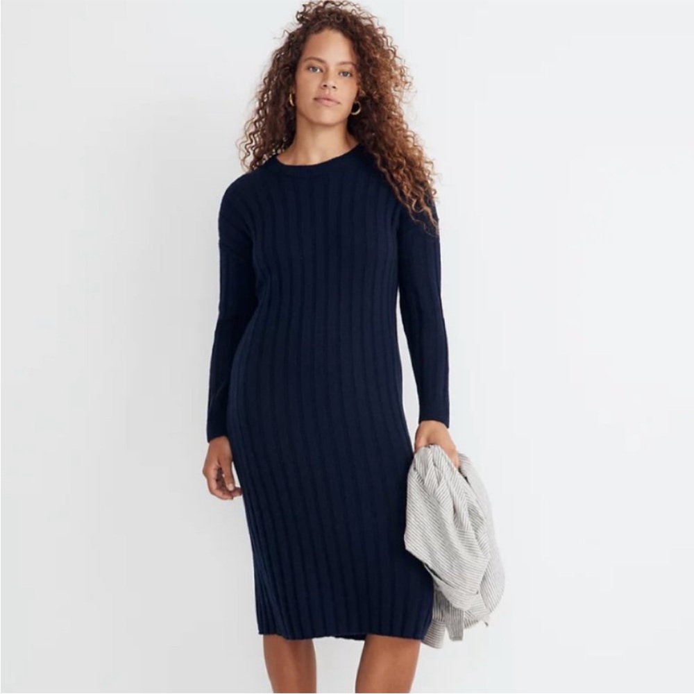 Madewell Blue Crewneck Sweater Dress with Ribbed Knit